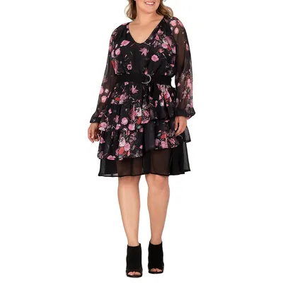 Women's Floral Printed Plus Tiered Swing Shift V Neck Mini Dress