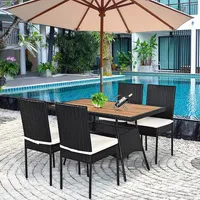 5 Pcs Patio Rattan Furniture Set Wood Top Table Cushioned Chairs Garden Yard Deck