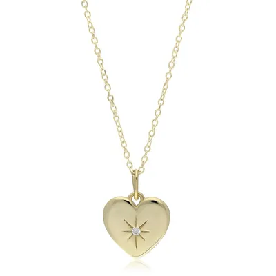 Sterling Silver 18" Heart Pendant White Cz 14k Gold +e-coating Necklace