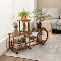 6-tier Potted Rolling Plant Stand Wooden Storage Display Shelf Rack With Wheels