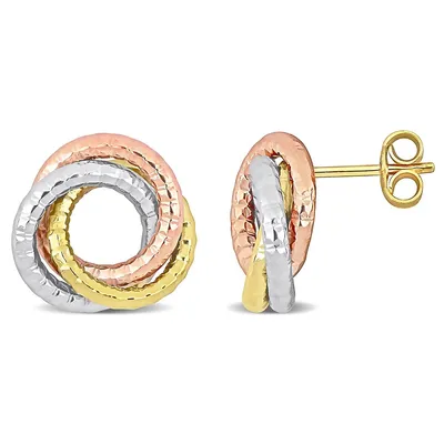 Open Love Knot Stud Earrings In 3-tone Yellow, Rose And White 10k Gold