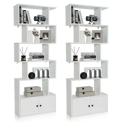 2pcs 6-tier Geometric Bookcase S-shaped Z-shelf Bookshelf Cabinet W/ Doors White