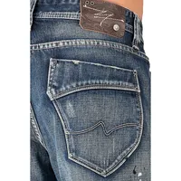 Men's Slim Straight Premium Jeans Blue Destroyed Sanding Whiskering