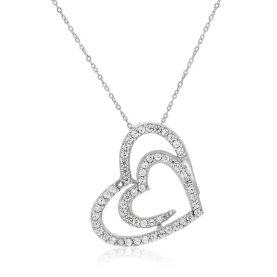 10kt 18" Double Heart With Cubic Pendant White Necklace