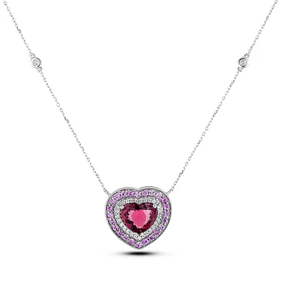 10k White Gold Garnet, Sapphire & Canadian Diamonds Heart Halo Necklace