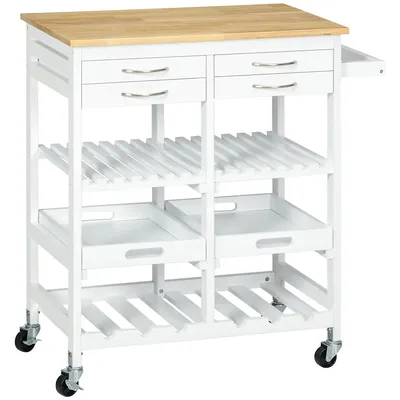 Kitchen Island Cart With Drawers, Wine Rack, Tray, Wood Top