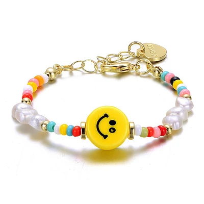 Kids 14k Gold Plated Bracelet With Beads, Freshwater Pearls And A Smiley Charm
