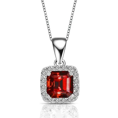 Sterling Silver With Colored Cubic Zirconia Square Pendant Necklace