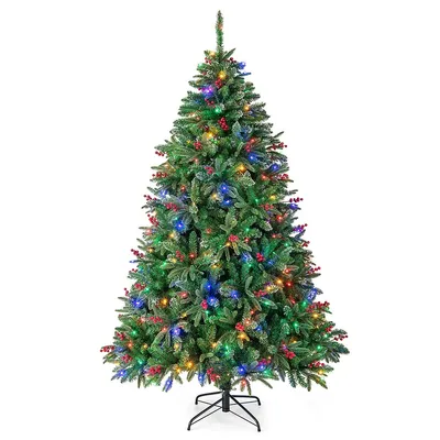 7 Ft Pre-lit Christmas Tree Hinged With 390 Multi-color Led Lights & Red Berries