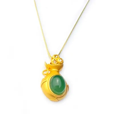 Natural Jade Vase Pendant And 18k Gold Plated Necklace