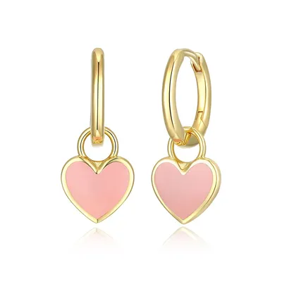 18k Goldplated Sterling Silver 3-in-1 Pink Enamel Heart Charm Huggie Earrings