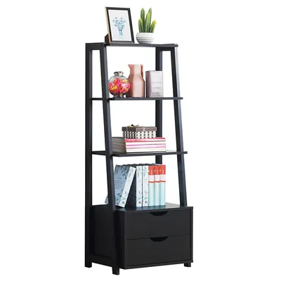 4-tier Ladder Shelf Bookshelf Bookcase Storage Display Leaning With 2 Drawers