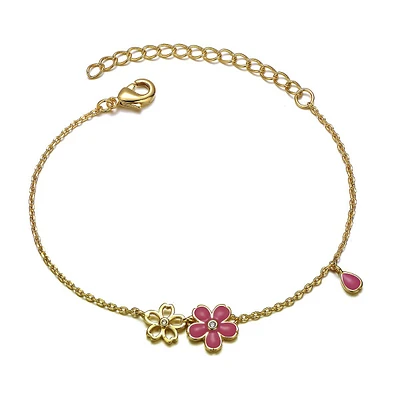 Kids 14k Gold Plated Pink Flower Charm Bracelet