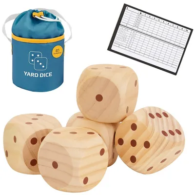 Wooden Yard Dice Set - Includes 5 Oversized Wood Dice, Scorecards And Bag, Outdoor Family Lawn Game For Ages 3+