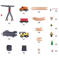Construction Site Train Set - 35pcs Playset - Wooden Railroad Tracks, Tower Crane, Toy Trucks And Accessories; 3 Years +