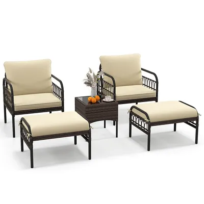 5 Pcs Patio Conversation Set Outdoor Wicker Chair Set With Ottomans & Coffee Table