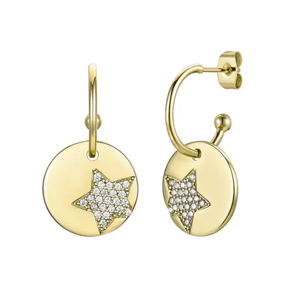 14k Gold Plated With Clear Cubic Zirconia Round Heart Charm Dangle C-hoop Earrings