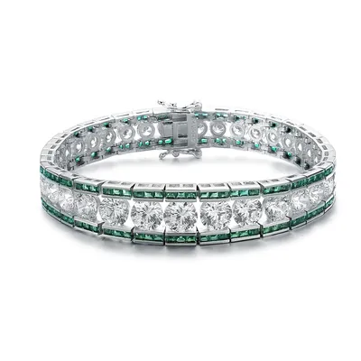 Sterling Silver White Gold Plating With Clear And Green Cubic Zirconia Link Bracelet