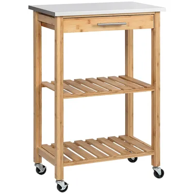 Bamboo Kitchen Cart With Drawer Shelves Stainless Steel Top