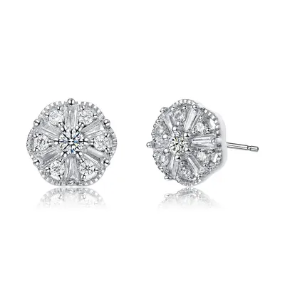 White Gold Plated With Cubic Zirconia Vintage Pinwheel Cluster Stud Earrings