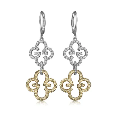 Monogram Sterling Silver Two-tone 18k Gold Plated With Cubic Zirconia Double Clover Drop Hoop Earring