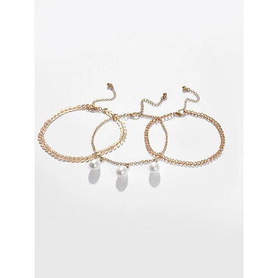 Set Of 3 Gold-plated White Pearl Studded Anklet