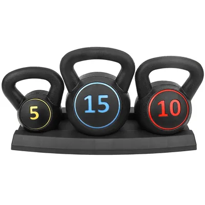 Kettlebell Weights With Rack - Set Of 3 Hdpe Free Weight, 5lb 10lb And 15lb