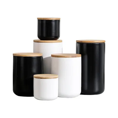 Simple Style Ceramic Food Storage Jar With Bamboo Lid Silicone Sealing Ring, 6pcs/set