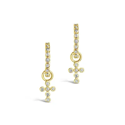 14k Gold Diamond Cross Huggie Hoop Earrings