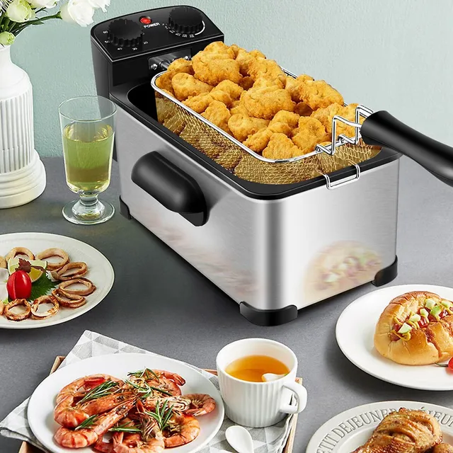 Electric Deep Fryer 5.3QT/21-Cup Stainless Steel 1700W with Triple Basket