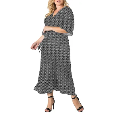Women's Plus Polka Dots Print Kimono Wrap Maxi Dress