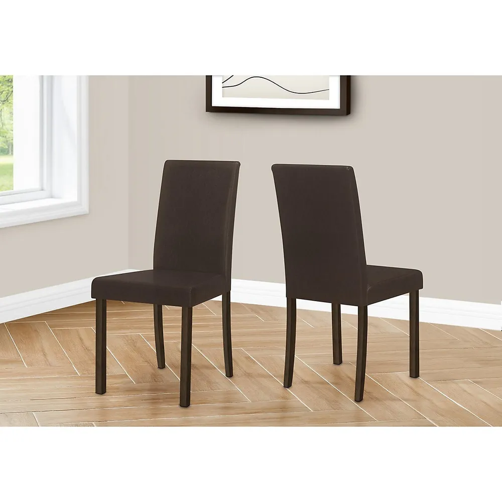 Chair, Set Of 2, Side, Upholstered, Kitchen, Dining, Brown Leather Look, Brown Wood Legs, Transitional
