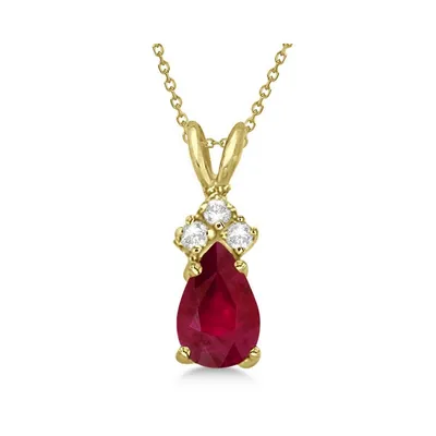 Pear Ruby And Diamond Solitaire Pendant Necklace 14k Yellow Gold (0.75ct)
