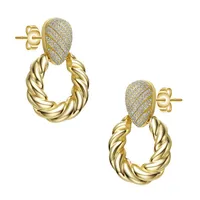 14k Yellow Gold Plated With Cubic Zirconia Pave Twisted Rope Drop Hoop Door Knocker Earrings