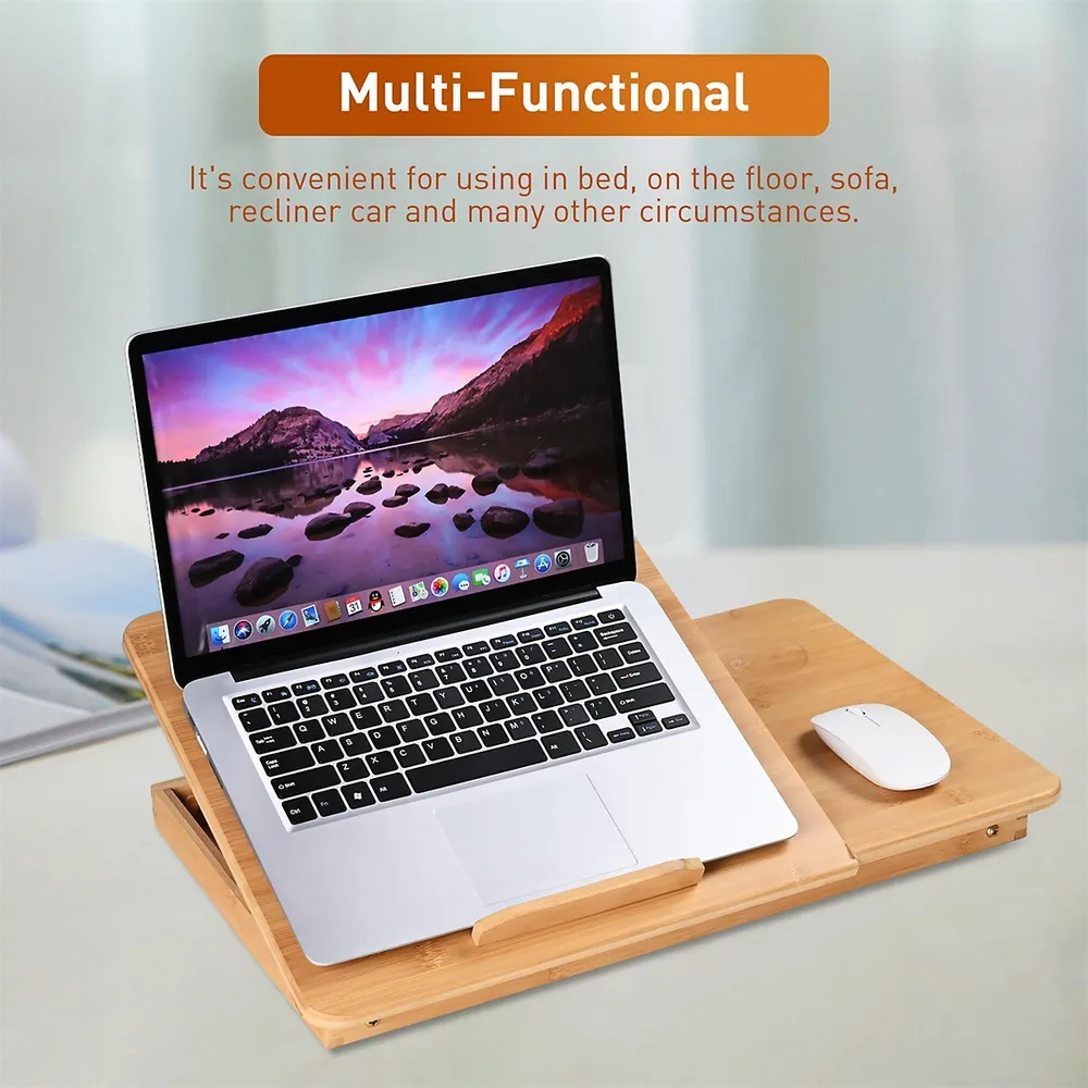 Bamboo Laptop Stand, Bed Desk Table Tray with Cooling Fan Foldable Legs Tilting Top