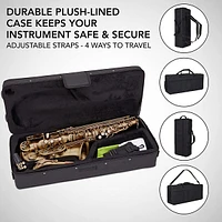Brass E Flat Alto Saxophone, Sax Beginners Kit, Mouthpiece, Neck Strap, Cleaning Cloth Rod, Gloves, Carrying Case W/ Removable Straps &10 Bonus Reeds