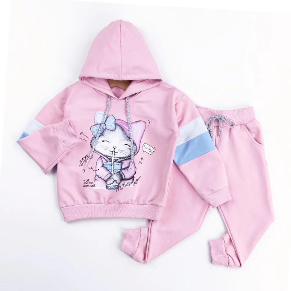JuniorKids Cappuccino Cat Girls Casual Joggers Set, 100% Cotton Hoodie And  Elastic Bottom Pant