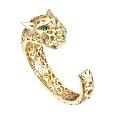 14k Yellow Gold Plated With Emerald Cubic Zirconia Jaguar Open Cuff Bangle Bracelet