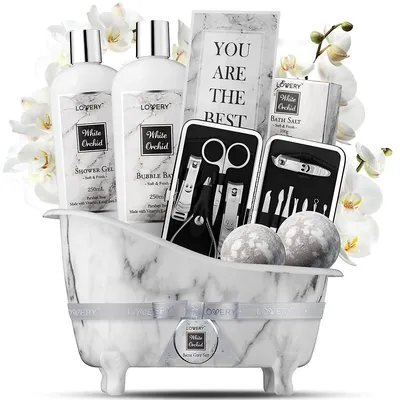 Spa Gifts - Bath & Body Gift Set - White Orchid Self Care Gift Basket In Marble Tub