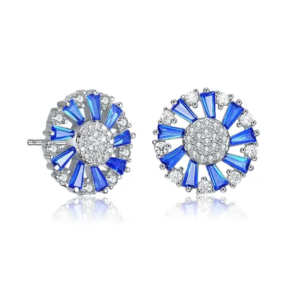 Sterling Silver With Colored Cubic Zirconia Pinwheel Cluster Stud Earrings