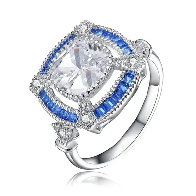 Sterling Silver White Gold Plating With Sapphire Cubic Zirconia Geometrical Modern Ring