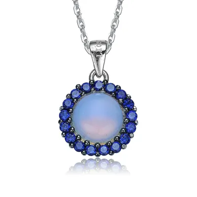Sterling Silver White Gold Plating With Colored Cubic Zirconia Round Drop Pendant