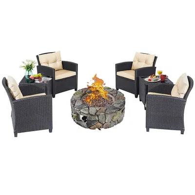 7pcs Patio Wicker Furniture Set Gas Fire Pit Sofa Side Table Cushioned