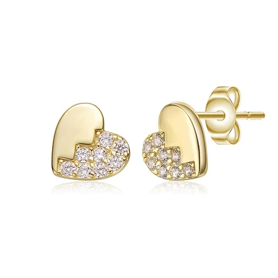 Sterling Silver 14k Yellow Gold Plated With Clear Cubic Zirconia Heart Stud Earrings