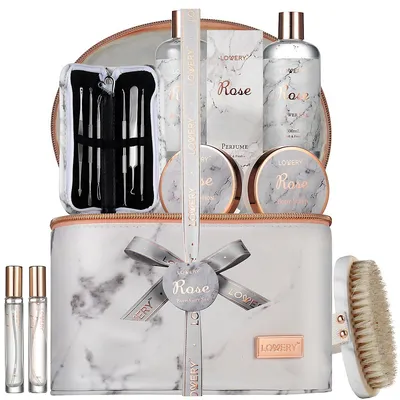 Luxe 16pc Bath And Body Set With Cosmetic Bag, Perfumes And More, Rose Spa Kit