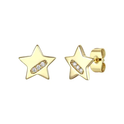 Kids 14k Yellow Gold Plated With Clear Cubic Zirconia Lucky Star Stud Earrings