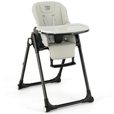 Babyjoy 4-in-1 Foldable Baby High Chair Height Adjustable Feeding Chair W/ Wheels Greybeige