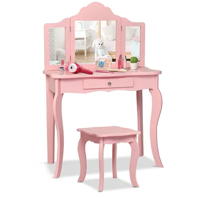 Costway Vanity Table & Stool Princess Dressing Make Up Play Set For Girls Pink