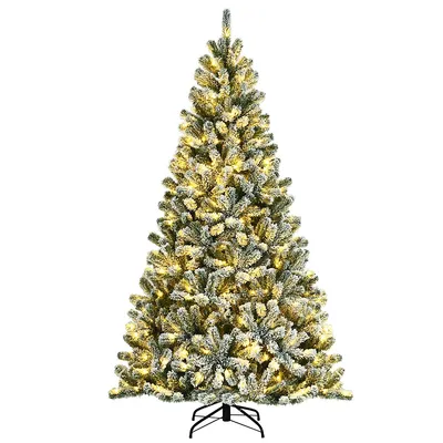 7ft Pre-lit Snow Flocked Hinged Christmas Tree W/1116 Tips & Metal Stand