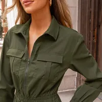 Women's Olive Collared Long Sleeve Jumpsuit